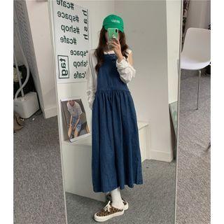 Denim Midi A-line Overall Dress Denim Blue - One Size