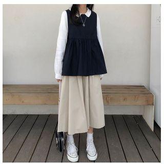 Long-sleeve Shirt / Vest / Midi A-line Skirt