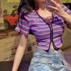 Butterfly Applique Striped Short-sleeve Zip Cardigan