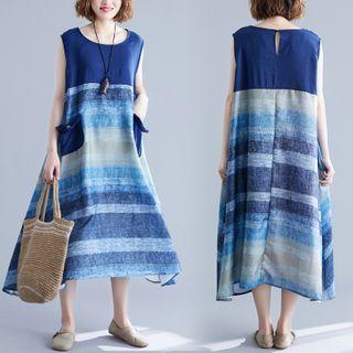 Sleeveless Striped Linen Midi A-line Dress Blue - One Size