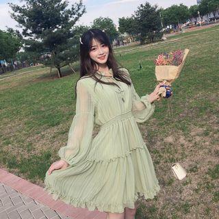 Ruffle Trim Long-sleeve A-line Dress Green - One Size