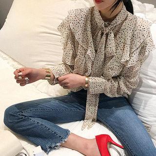 Tie-neck Dot Ruffled Chiffon Blouse