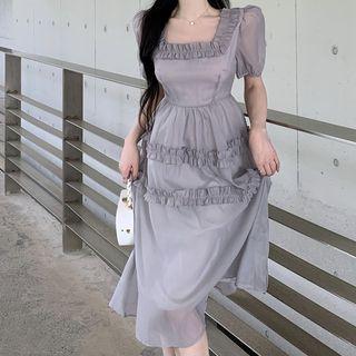 Puff-sleeve Square Neck Chiffon Midi A-line Dress