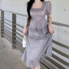 Puff-sleeve Square Neck Chiffon Midi A-line Dress