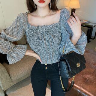 Off-shoulder Ruffled Gingham Smocked Blouse