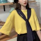 Embroidered Shawl Collar Short-sleeve T-shirt