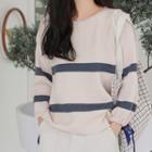 Striped Bow Accent Long-sleeve Knit Top As Shown In Figure - One Size