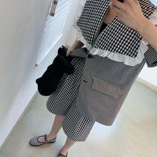 Short-sleeve Frill Trim Check Jacket / Wide Leg Shorts
