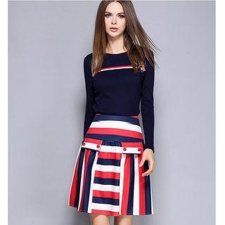 Set: Long-sleeve Knit Top + Striped A-line Skirt