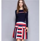Set: Long-sleeve Knit Top + Striped A-line Skirt