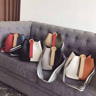 Ring-accent Panel Bucket Shoulder Bag