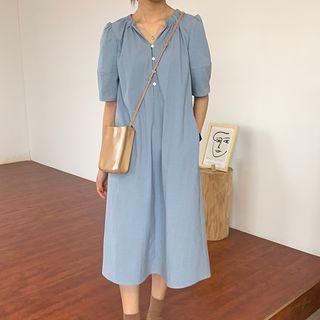 Elbow-sleeve Crinkled Midi Dress Blue - One Size