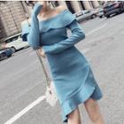 Off-shoulder Long-sleeve Knit Dress Blue - One Size