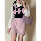 Argyle Knit Vest / Shirt / Mini A-line Skirt