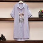 Striped Short-sleeve Cat Embroidered Midi Shirtdress