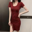 Short-sleeve Drawstring Slit Mini Bodycon Dress