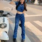 Short-sleeve Print Crop Top / Boot-cut Pants