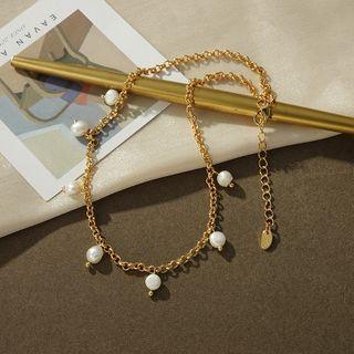 Faux Pearl Alloy Choker 1pc - Gold & White - One Size
