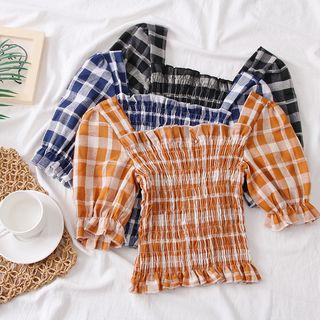 Squared-neck Plaid Crop Blouse