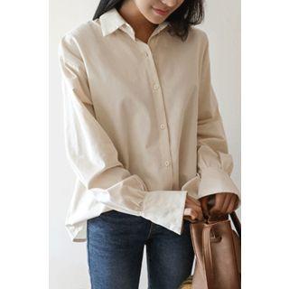 Bell-cuff Plain Cotton Shirt