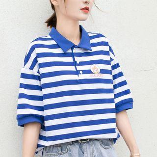 Elbow-sleeve Collared Striped T-shirt