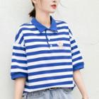 Elbow-sleeve Collared Striped T-shirt