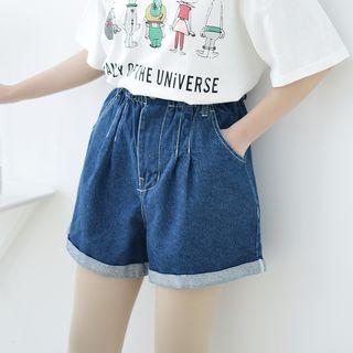 Gather-waist Cuffed Denim Shorts