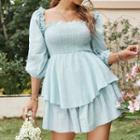 3/4-sleeve Frill Trim Open-back Romper