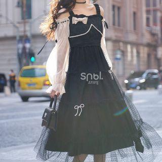 Long-sleeve Cod Shoulder Mesh Dress