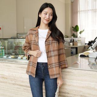 3/4-sleeve Plaid Linen Jacket