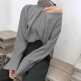 Long-sleeve Plaid Blouse Plaid - Black & White - One Size