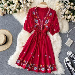 V-neck Long-sleeve Embroidered Flower Dress