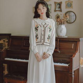 Long-sleeve Frill Trim Collar Midi A-line Chiffon Dress / Floral Embroidered Sweater Vest / Set