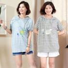 Hooded Short-sleeve Striped Top