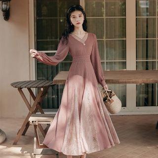 Long-sleeve V-neck Lace Panel Maxi A-line Dress
