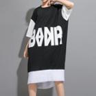 Lettering Color Block Elbow-sleeve T-shirt Dress Black - One Size