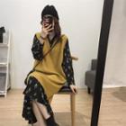 Floral Long-sleeve Midi Dress / Knit Vest / Set