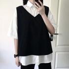 Mock Two-piece Elbow-sleeve Color Block Shirt