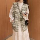 Bell-sleeve Midi A-line Dress / Fray Hem Tweed Vest