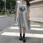 Print Short-sleeve A-line Dress Gray - One Size