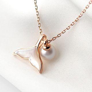 925 Sterling Silver Shell Whale Tail Faux Pearl Pendant Necklace