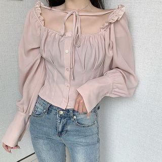 Plain Lace-up Ruffled-trim Square-neck Long-sleeve Blouse