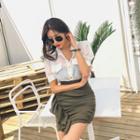 Set: Puff-sleeve See-through Blouse + Frilled Shirred Pencil Miniskirt