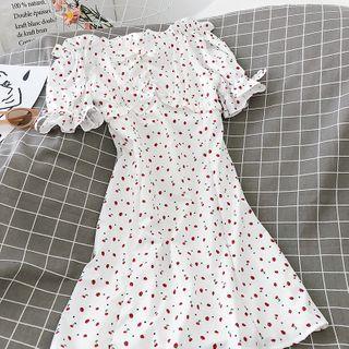 Printed Off-shoulder Puff-sleeve A-line Dress