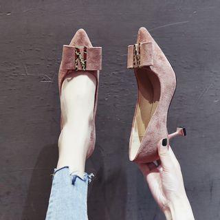 Faux Suede Ribbon Accent Kitten Heel Pumps
