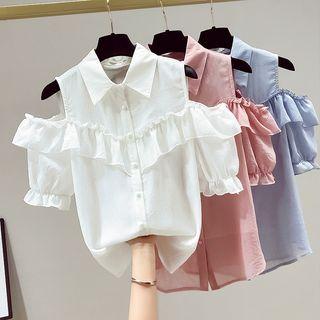 Elbow-sleeve Ruffle Cold-shoulder Shirt