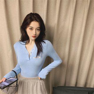V Neck Embroider Long-sleeve Top