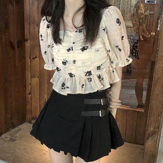 Puff-sleeve Rose Print Ruched Top / Buckle Detail Asymmetric Mini A-line Skirt