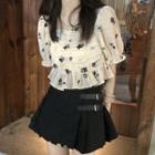 Puff-sleeve Rose Print Ruched Top / Buckle Detail Asymmetric Mini A-line Skirt