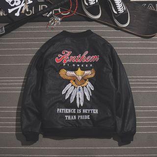 Embroidered Faux Leather Baseball Jacket